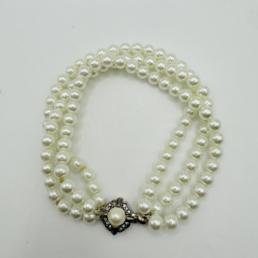 1950s Faux Pearl Triple Strand Bracelet Formal Wear Bridal Jewelry 7" Vintage